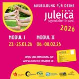 Der Hintergrund ist pink. Man sieht einen runden Bildausschnitt mit Händen, die zusammen einen Turm aus Händen bauen. Außerdem sieht man die Daten der nächsten Juleica-Schulung und die Logos der Veranstalter