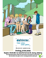 Man sieht eine Gruppe Jugendlicher, die auf einer Bank sitzen und sich unterhalten, jeder mit einem Handy in der Hand. Im Hintergrund sieht man Bäume. Im Vordergrund stehen die Daten für den Jugendkreuzweg, also wann und wo er stattfindet.