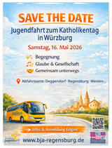 Ein gezeichnetes Plakat mit einem Bus, als Einladung zu einer Jugendfahrt zum Katholikentag 2026 nach Würzburg